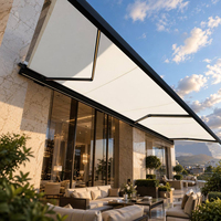 Auvent motorisé à bras articulé à cassette intégrale avec éclairage LED, auvent de luxe résistant à la pluie pour villa, terrasse, balcon, hôtel, extérieur, rétractable et électrique