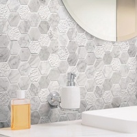 Carreaux de miroir en marbre blanc de Carrare texturé vieilli, forme hexagonale alvéolée, bord biseauté, style parquet européen, pour mur intérieur