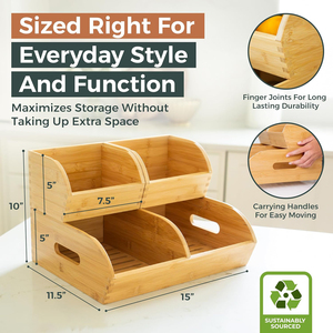 Contenedor Apilable de Bambú FSC para Almacenamiento de Alimentos, Organizador de Despensa, Cesta para Frutas con Asa para Encimera de Cocina, Frutas y Verduras - Product Image 6