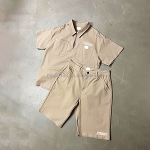 Ensemble chemise et short de travail personnalisés pour hommes, vêtements décontractés d'été, ensemble deux pièces en toile avec surpiqûres contrastées - Product Image 2