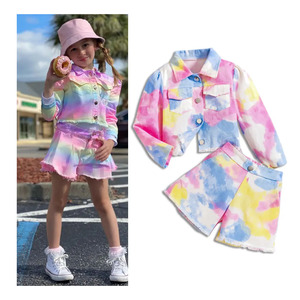 Vêtements pour filles printemps-automne, cardigan à col tie-dye coloré, shorts, ensemble 2 pièces, vêtements pour enfants, vêtements de rue, vêtements pour enfants - Product Image 1