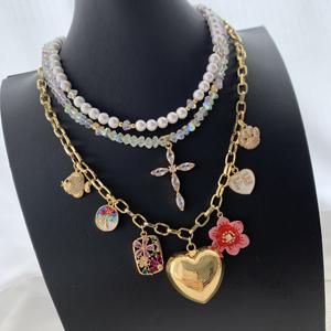 LS-C5271 שרשרת קסמיה מפוארת שרשרת פרח לב צלב שכבה כפולה מתנה קריסטל מים מתוקים - Product Image 4
