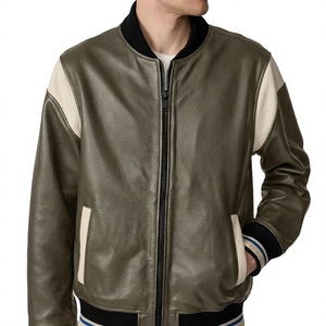 Wholesale <b>Men</b>’s Genuine <b>Leather</b> Varsity <b>Jacket</b> <b>Men's</b> Olive Green PU <b>Leather</b> Bomber <b>Jacket</b> With Cream Panels - Product Image 1