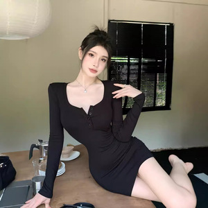 U Neck Long Sleeve Bodycon Dress Tight Waist Solid Color Party Casual Dress Light Gray Black Red YX-9169 - Product Image 5
