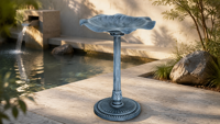 Bain d'oiseaux sur pied en résine en forme de feuille, finition bronze antique, alimenté par énergie solaire, écologique, résistant aux intempéries, pour l'extérieur