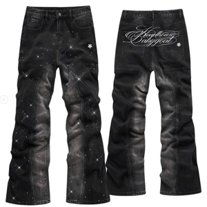 Jeans da <span class=keywords><strong>Uomo</strong></span> a Gamba Larga, Moda Invernale, Effetto Consumato con Ricamo a Diamante, Elasticizzati, Skinny, Strappati, a Zampa, Denim Lavato - Product Image 1