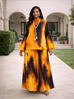 Ensemble coordonné élégant : Haut ample à motifs abstraits et jupe longue plissée - 100% Polyester, tenue africaine modeste pour tous les jours