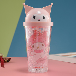 Cartoon Plastic Straw Cup Double Wall Portable Water Bottle For Students Summer Theme Pink Dark Violet Two Piece Set - Product Image 4