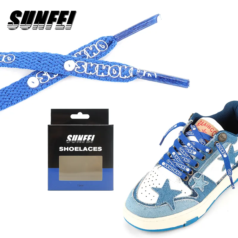 sunfei Printed text Shoelace Custom Design flat athletic shoelace sneakers flat Lifestyle shoelace Polyester flat shoe laces tip