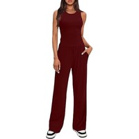 Ensemble décontracté printemps-été pour femme : haut court sans manches en polyester tricoté de couleur unie à col rond et pantalon large taille haute