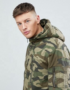 KY Fixed Hood Zip Fastening Press-stud Placket Padded Parka <strong>Camo</strong> Mens Long <strong>Jacket</strong> With Hood in Khaki - Product Image 3