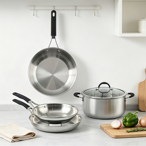 Ensemble de casseroles et poêles en acier inoxydable au design minimaliste, compatibles induction, avec couvercle en verre - Product Image 2