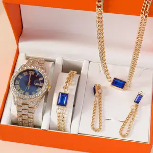 Conjunto de reloj de oro Hifive para mujer a la moda, cadena de Hip Hop, pendientes de circón, collar Simple, joyería, reloj y pulsera, conjunto para mujer