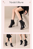 Bottines à talons hauts pour femmes, style peep toe, pour pole dance, à lacets, en cuir PU noir, talon aiguille, pour soirée en boîte de nuit