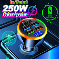Chargeur de voiture 6-en-1 avec 4 ports USB et 2 ports Type-C, affichage de la tension, 250W, multi-ports, lumière LED, charge rapide PD QC3.0, chargeur de voiture portable