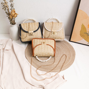2023 Kleine Damen Umhängetaschen Stroh Perle Griff Schloss Kette Geldbörse Für Mädchen Summer Beach Cross body Handtaschen - Product Image 4