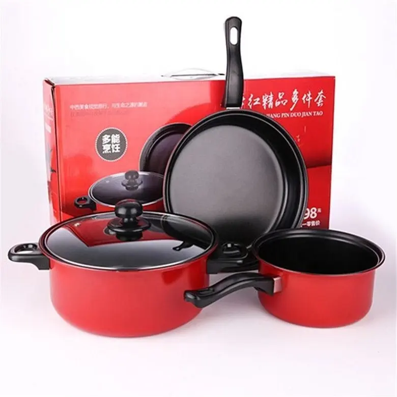 Hot sale 3pcs colorful iron steel thickened cooking pan gift set no stick metal cookware fry pan and pot sets