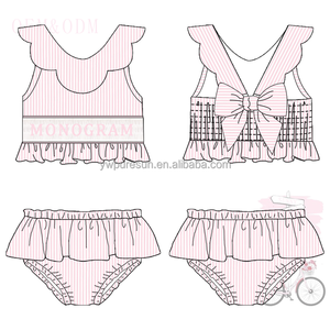 Vendita calda toddler girls costume da bagno seersucker 2 pezzi costume da bagno foderato smocked con monogramma i bambini indossano <span class=keywords><strong>bikini</strong></span> con volant smerlato - Product Image 1