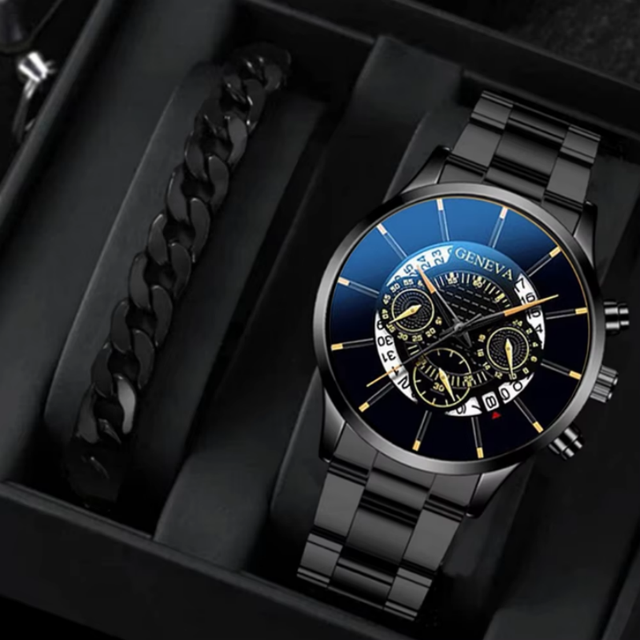 Men's watch trend and fashion three-eye calendar watch 4-piece/set Men's black quartz watch set