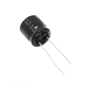 Condensador de canal del fabricante, aluminio, 1000uF, 20%, 16V, radial, URS1C102MHD, 1000 uF, de orificio pasante - Product Image 1
