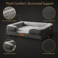 Canapé-lit pour chien et chat FANCIE en lin gris foncé, doublure en fourrure de lapin, trois traversins, lavable en machine, antidérapant, étiquette en cuir, OEM