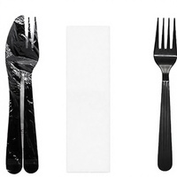 Ensembles d'ustensiles jetables en plastique noir emballés individuellement pour fêtes / Packs de couverts robustes PP5G