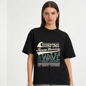 Camiseta negra <span class=keywords><strong>con</strong></span> estampado gráfico de Surfing Santa Monica Ocean Drive Big Wave Breaking Los Angeles California, ropa informal - Product Image 1