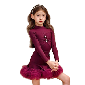 Traje de Baile Latino para Niñas, Vestido de Manga Larga con Falda de Terciopelo de Poliéster, Disfraz para Samba, Rumba, Jazz, Cha Cha - Product Image 1
