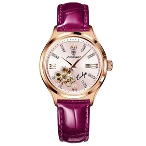 Montre squelette de luxe pour femme en or rose, bracelet en cuir, cadran fleuri élégant, montre-bracelet à quartz pour femme, cadeau - Product Image 1