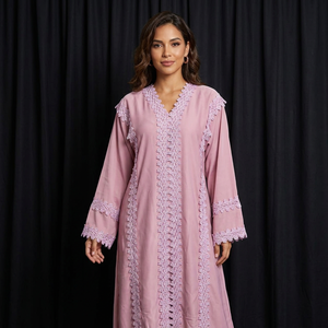 Elegante Abaya de Poliéster Ligero, Hecha a Mano con Cuentas y Lentejuelas, Antiencogimiento, Transpirable, Cuello en V, Manga Larga, Largo hasta el Suelo - Product Image 1