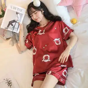 FINETOO Women Pajamas Set Sleepwear V-neck Nightwear Imitate Ice Silk Night Wear for Female Pajamas