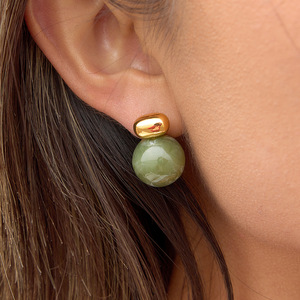 Stud <b>Earrings</b> Ball Shape Resin Green With Gold <b>Top</b> Geometric Design For Women Fashion Jewelry - Product Image 2