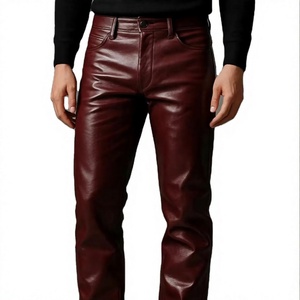 Pantalon de motard en cuir d'agneau rouge pour homme, léger, décontracté, respirant, imperméable, coupe droite, taille mi-haute, fermeture éclair - Product Image 3