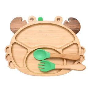 Vendita calda Platos De Bambu Para Bebes Bamboo Baby Plate Crab Kids Plate piatto animale personalizzato ciotola per l'alimentazione del bambino con cucchiaio