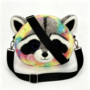 Bolso bandolera de peluche de mapache arcoíris personalizado, bolso bandolera de peluche con cara de mapache colorida, bolso bandolera redondo de peluche de mapache suave. - Product Image 1