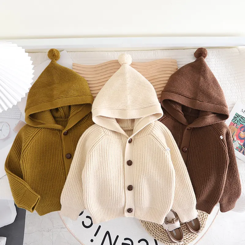 2331 1pcs Custom Logo Rts Autumn Newborn Infant Toddler Clothes Long Sleeve Cotton Hooded Baby Boys Sweater Cardigan