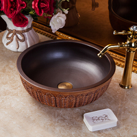Gran oferta, lavabo de arte con patrón en relieve, lavabo redondo, baño, WC, lavabo, encimera marrón, lavabo de cerámica para jardín, proyecto de Hotel