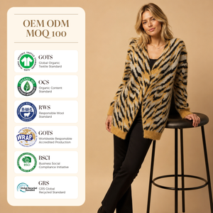 <span class=keywords><strong>Cardigan</strong></span> Lungo da Donna in Maglia Jacquard con Motivo Tigre e Zebra, Scollo a V Profondo, Orlo a Costine, Caldo Cappotto Invernale Lavorato a Maglia - Product Image 2