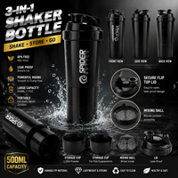 Vente en gros de bouteilles de shaker à protéines 3 en 1 de 500 ml avec compartiment pour poudre et boîte à pilules, sans BPA, étanches, en PP, pour la salle de sport, logo personnalisé