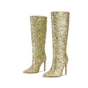 WETKISS Elegant Signature Sequined Dance Catwalk Stiletto Beaded Black Gold para mujer Botas hasta la rodilla - Product Image 6