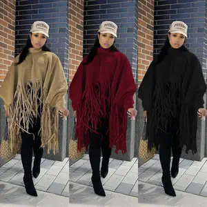 Nieuwe Vrouwen Winter Premium Sjaal Jas Vrouwen Mode Effen Kleur Volledige Lange Mouwen Fringe Cape Tops