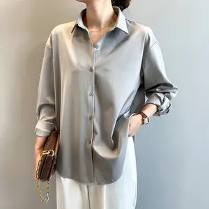 Whole Sale Vintage Women Satin Tops Autumn Spring 7 Colors Turn Down Collar Long Sleeve Button Loose OL Shirts For Ladies