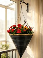 Panier suspendu en osier conique brun foncé, bord en corde beige, crochet métallique, doublure imperméable pour plantes rampantes de jardin