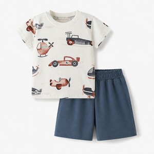 Conjunto de 2 Piezas de Camiseta y Pantalones Cortos con Estampado de Vehículos para Niños, Diseño Personalizado al por Mayor, 95% Algodón, Ropa de Verano - Product Image 2