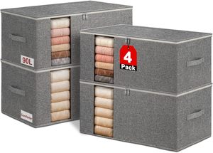 Sac de rangement pour couette en lin 90L, lot de 2, empilable et pliable, côtés et fond rigides, organisation de la literie sous le lit - Product Image 6