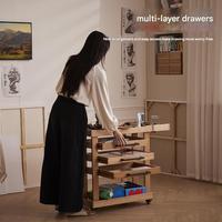 Chariot mobile professionnel HXS à cinq niveaux en bois pour fournitures d'art, avec chevalet et tabouret, finition bois naturel, installation sans outil