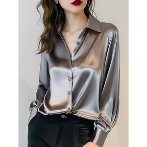 Kemeja Satin 2025 untuk wanita, kemeja lengan panjang berat, blus atasan tekstur kelas atas Eropa dan Amerika - Product Image 5