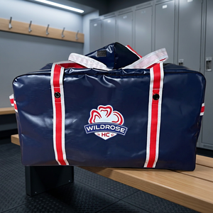 <b>Navy</b> Blue Vinyl Hockey Duffel <b>Bag</b> With Red White Straps custom Logo for Hockey Gears - Product Image 2