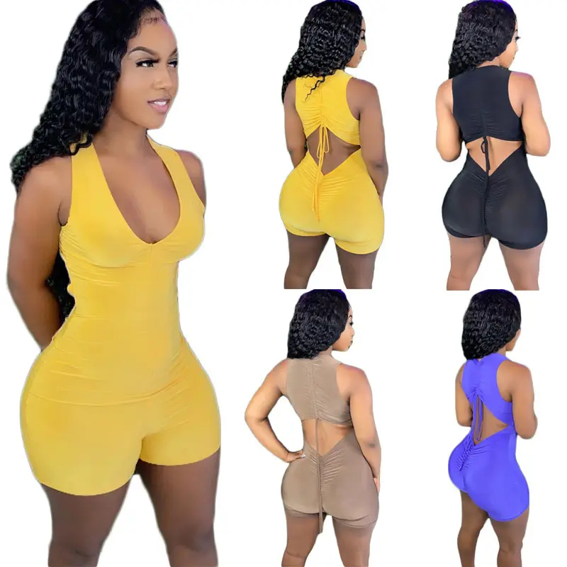 Jumpsuit Mini Ruched, Jumpsuit Mini Ruched Celana Pendek Bodysuit Polos Romper Hollow Out Jumpsuit Bodysuit Wanita Satu Potong Jumpsuit