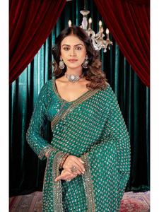 Nouvelle Arrivée : Saree en Satin Fandy Lourd avec Broderie de Perles Ornamentales et Blouse de Créateur Élégante – Idéal pour Mariages Traditionnels, Fêtes et Cérémonies - Product Image 4